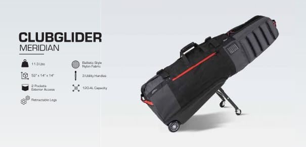 Sun Mountain ClubGlider Meridian Golf Travel Bag - 4-Wheel Rolling System, Extendable & Retractable Legs for Easy Transport, Effortless Travel & Maneuverability