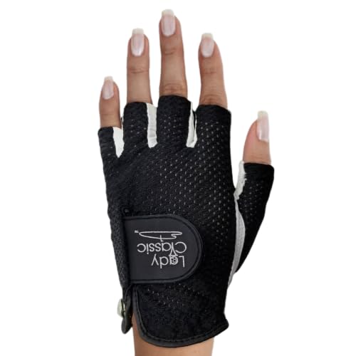 Mesh Half Golf Glove for Women – Premium Cabretta Leather Palm, Breathable Mesh Back, Half-Finger Design Ladies Golf Glove for Enhanced Grip & Comfort