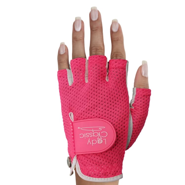 Mesh Half Golf Glove for Women – Premium Cabretta Leather Palm, Breathable Mesh Back, Half-Finger Design Ladies Golf Glove for Enhanced Grip & Comfort
