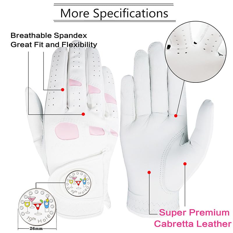 Golf Gloves Women Leather with Ball Marker 3 Pack, Left Hand Right Stylish Pink All Weather Grip Breathable Glove, Fit Sizes Small Medium Large for Womens Ladies