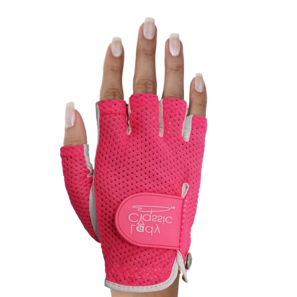 Mesh Half Golf Glove for Women – Premium Cabretta Leather Palm, Breathable Mesh Back, Half-Finger Design Ladies Golf Glove for Enhanced Grip & Comfort
