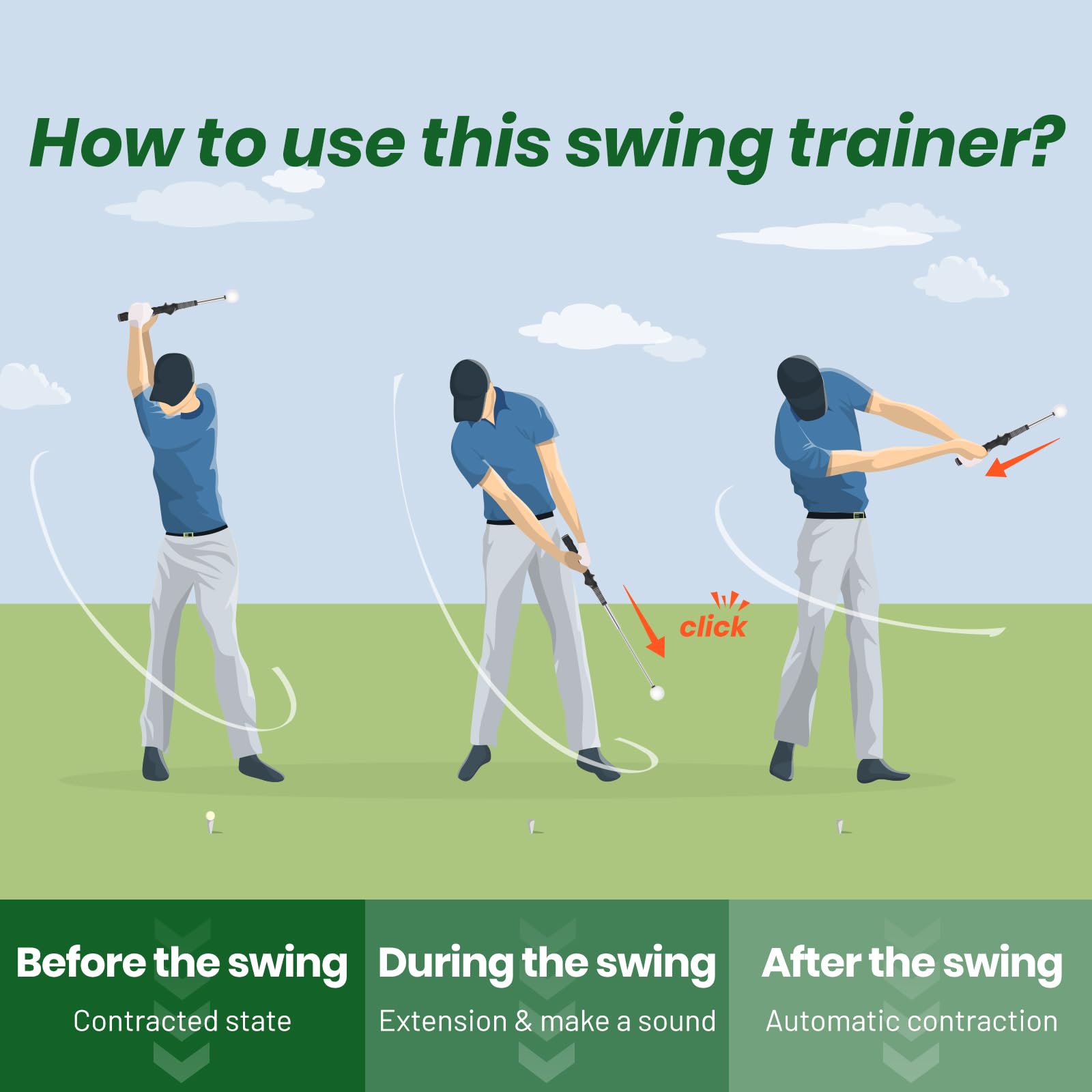 5-in-1 Retractable Golf Swing Trainer, Training Aid with Grip Trainer, Swing Mechanics for Beginners & Tempo Training for Advanced, Click Feedback, Arm Connection, Right/Left-Handed, Indoor/Outdoor