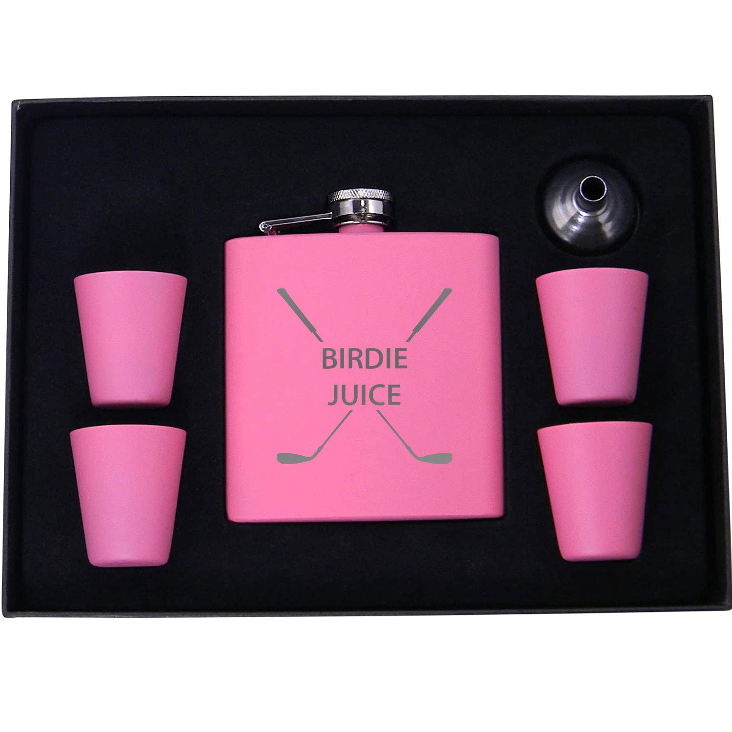 Birdie Juice Flask, Funnel, Shot Glasses, and Gift Box - Golfing Birdie Juice Hip Stainless Steel Metal Matte 6-Ounce Golf Bag Flask (Pink)