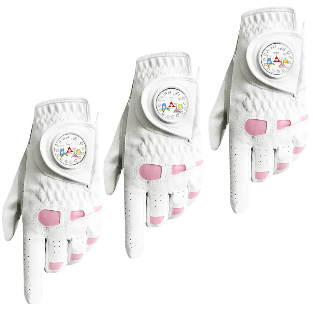 Golf Gloves Women Leather with Ball Marker 3 Pack, Left Hand Right Stylish Pink All Weather Grip Breathable Glove, Fit Sizes Small Medium Large for Womens Ladies