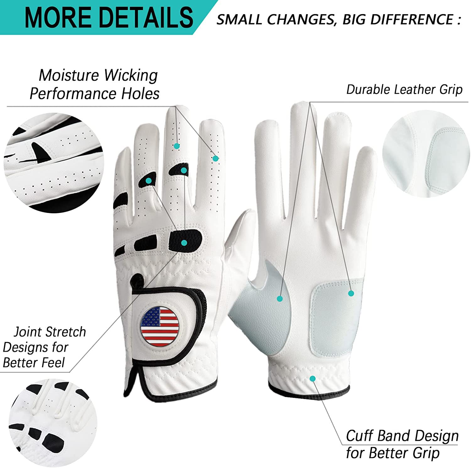 Amy Sport Golf Gloves Men Left Hand Right Handed Golfer 3 Pack with Ball Marker Soft Leather Weathersof Grip Mens Glove Size S M ML L XL XXL 3XL