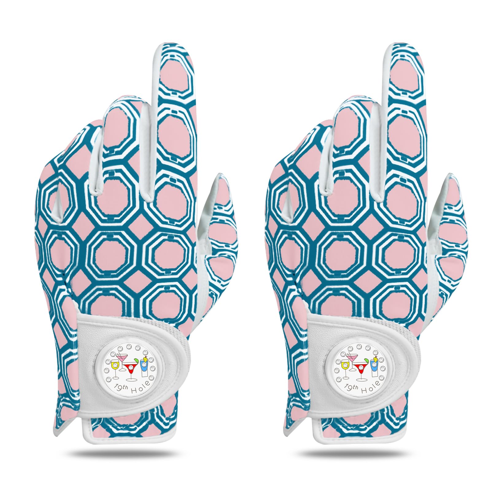 Golf Gloves Women Right Handed Golfer Left Hand with Ball Marker 3 Pack, Ladies Breathable Soft All Weather Grip Printed Pattern Colored Glove, Large, Blue Wave