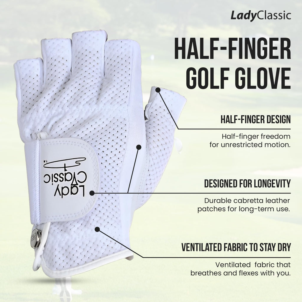 Mesh Half Golf Glove for Women – Premium Cabretta Leather Palm, Breathable Mesh Back, Half-Finger Design Ladies Golf Glove for Enhanced Grip & Comfort