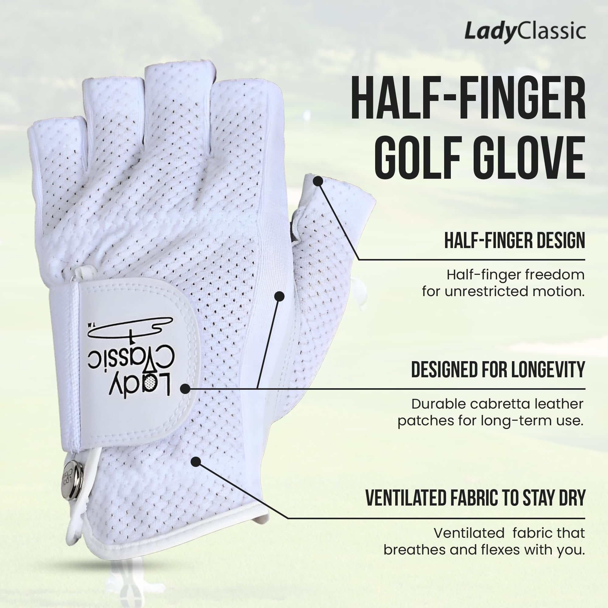 Mesh Half Golf Glove for Women – Premium Cabretta Leather Palm, Breathable Mesh Back, Half-Finger Design Ladies Golf Glove for Enhanced Grip & Comfort
