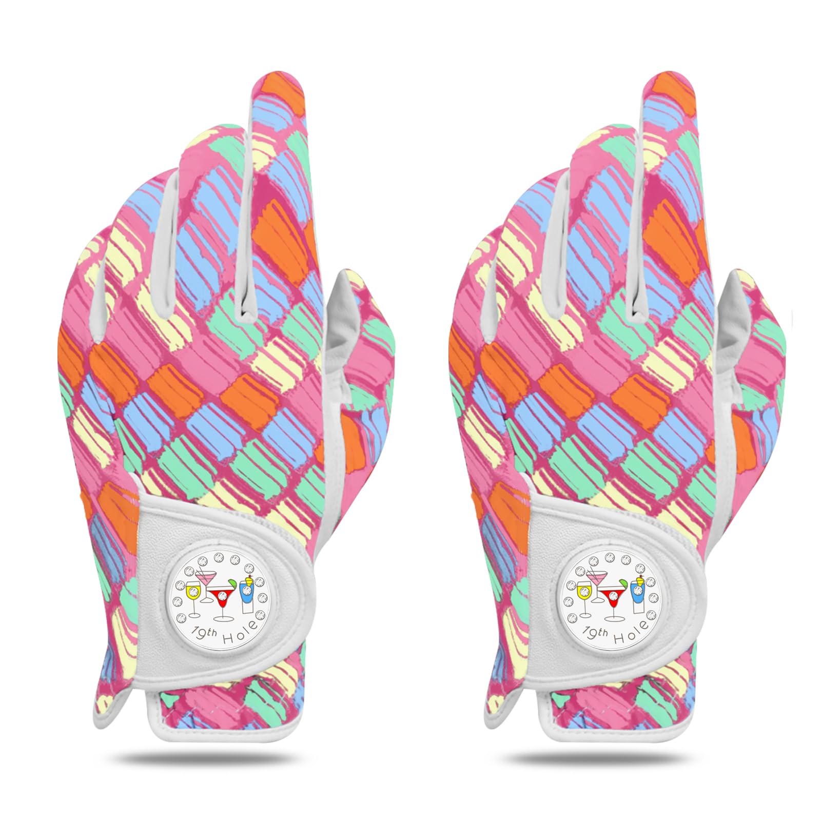 Golf Gloves Women Right Handed Golfer Left Hand with Ball Marker 3 Pack, Ladies Breathable Soft All Weather Grip Printed Pattern Colored Glove, Large, Blue Wave