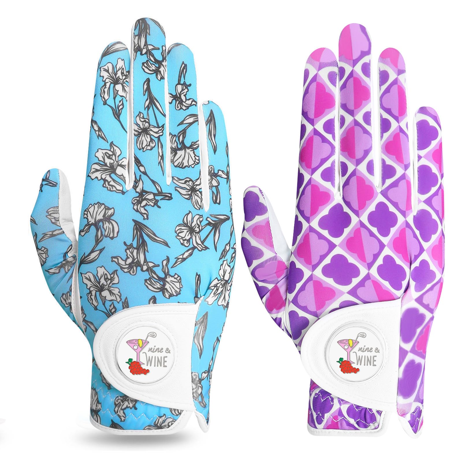 Golf Gloves Women Right Handed Golfer Left Hand with Ball Marker 3 Pack, Ladies Breathable Soft All Weather Grip Printed Pattern Colored Glove, Large, Blue Wave
