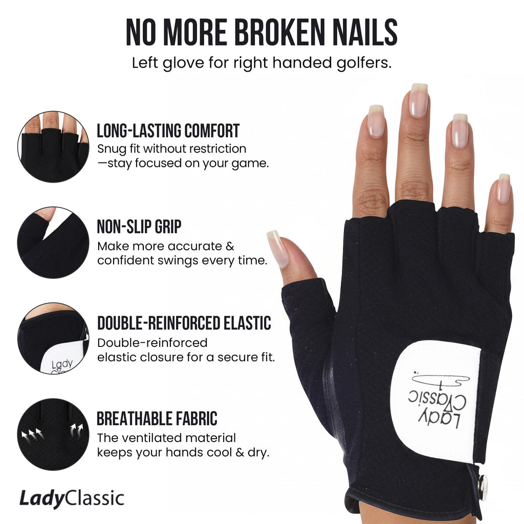 Mesh Half Golf Glove for Women – Premium Cabretta Leather Palm, Breathable Mesh Back, Half-Finger Design Ladies Golf Glove for Enhanced Grip & Comfort