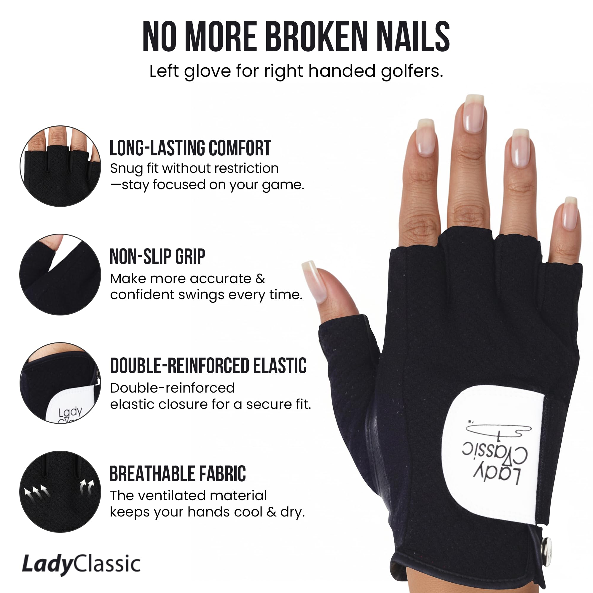 Mesh Half Golf Glove for Women – Premium Cabretta Leather Palm, Breathable Mesh Back, Half-Finger Design Ladies Golf Glove for Enhanced Grip & Comfort