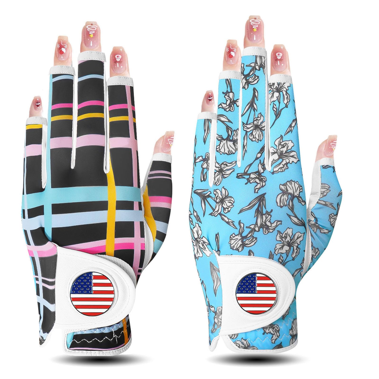 Golf Gloves Women Right Handed Golfer Left Hand with Ball Marker 3 Pack, Ladies Breathable Soft All Weather Grip Printed Pattern Colored Glove, Large, Blue Wave