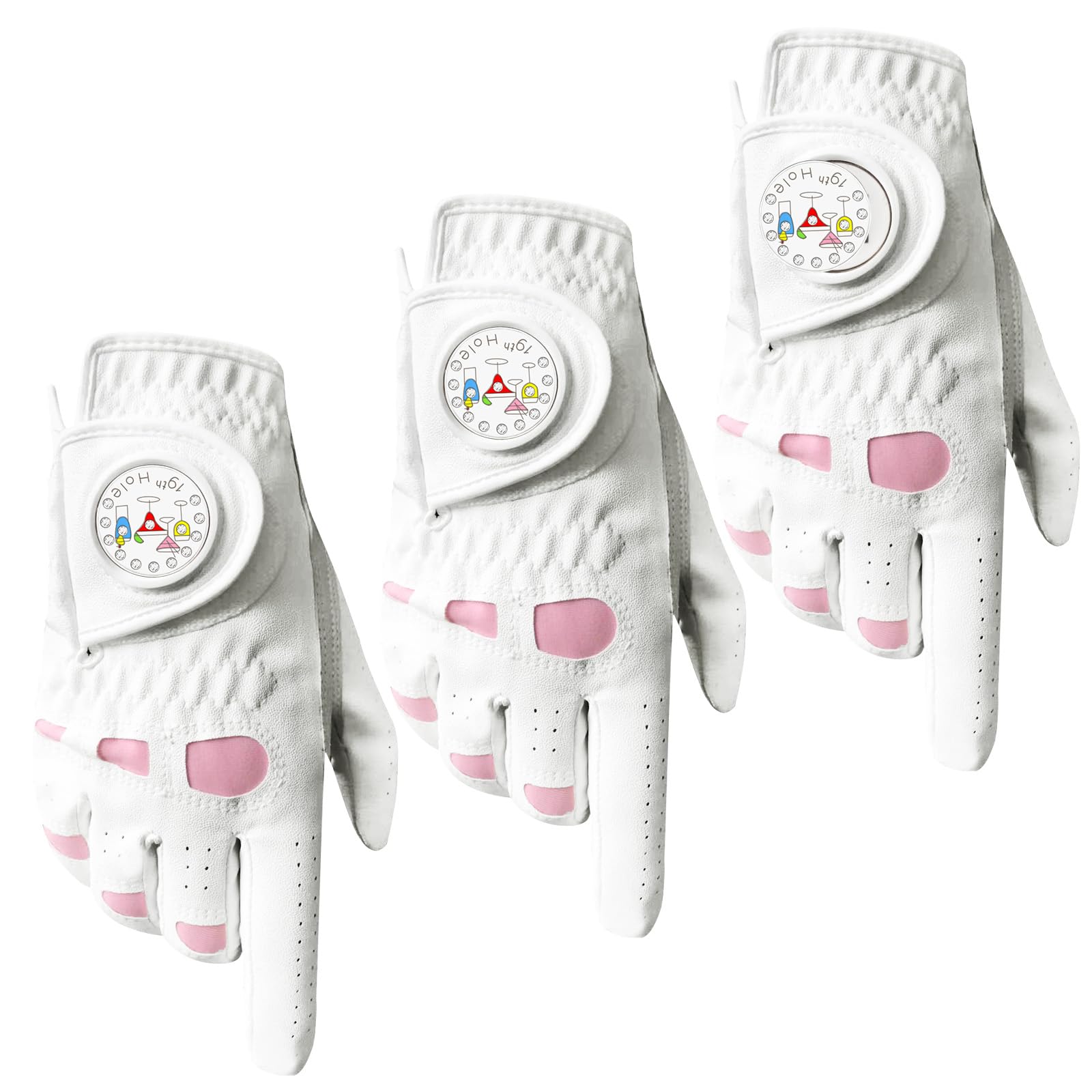 Golf Gloves Women Leather with Ball Marker 3 Pack, Left Hand Right Stylish Pink All Weather Grip Breathable Glove, Fit Sizes Small Medium Large for Womens Ladies