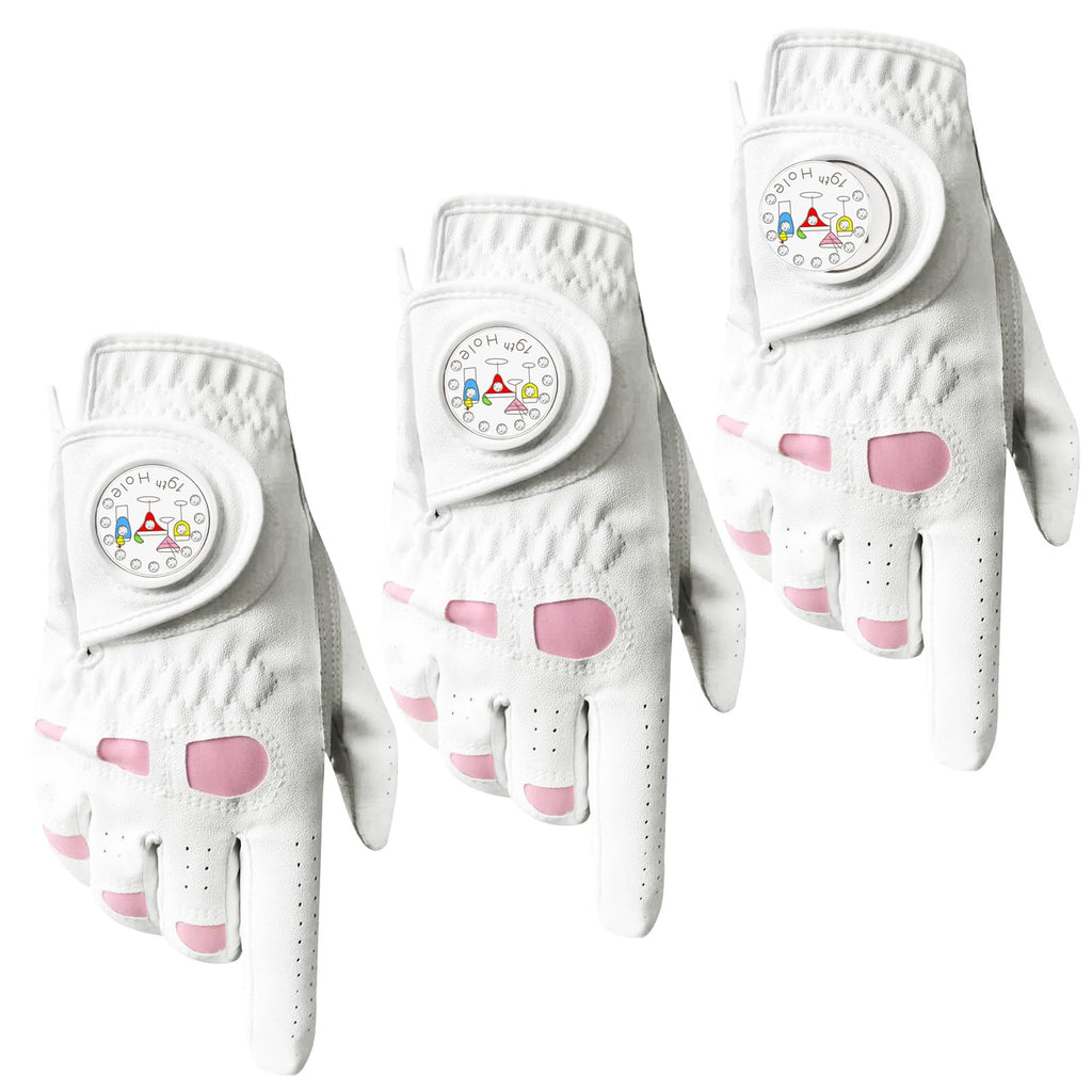 Golf Gloves Women Leather with Ball Marker 3 Pack, Left Hand Right Stylish Pink All Weather Grip Breathable Glove, Fit Sizes Small Medium Large for Womens Ladies