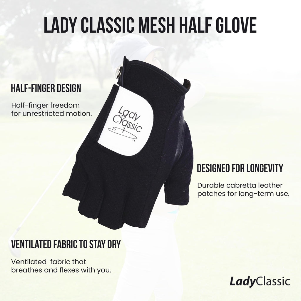 Mesh Half Golf Glove for Women – Premium Cabretta Leather Palm, Breathable Mesh Back, Half-Finger Design Ladies Golf Glove for Enhanced Grip & Comfort