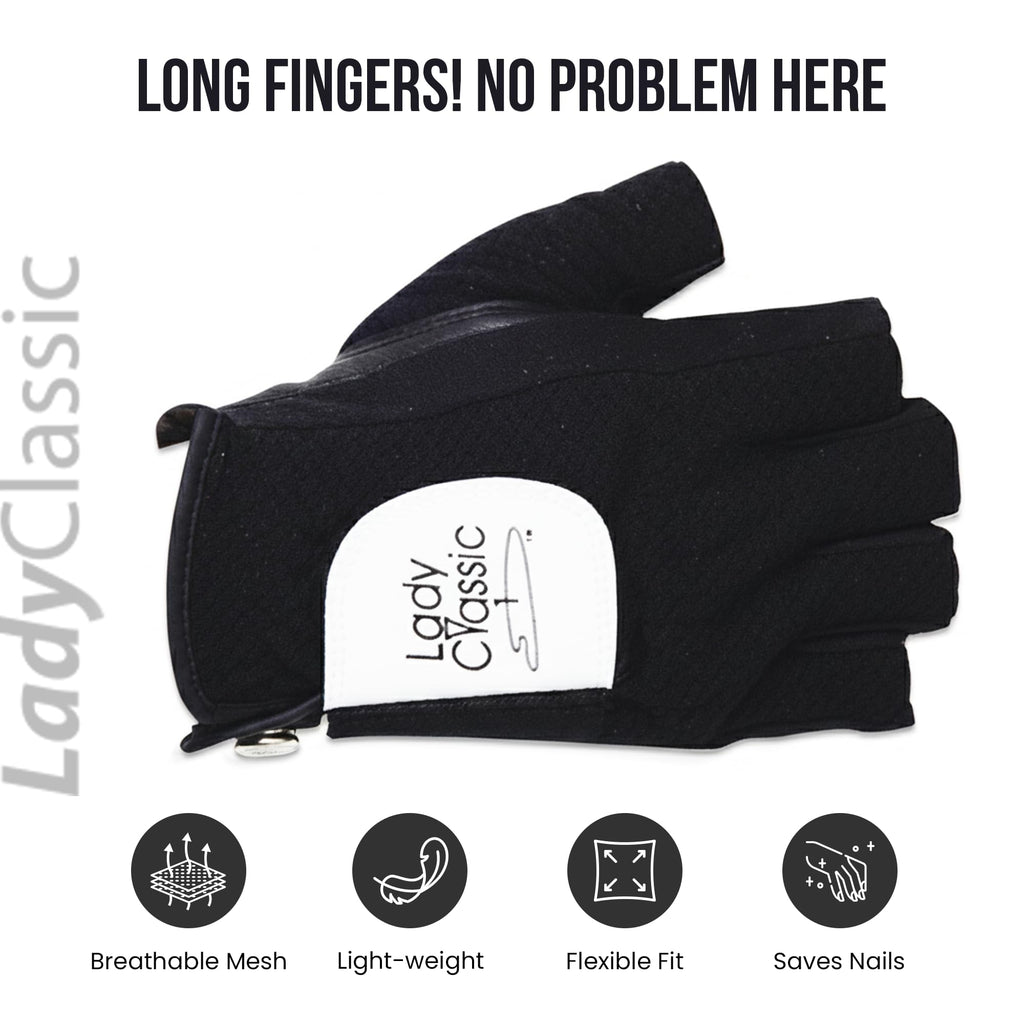 Mesh Half Golf Glove for Women – Premium Cabretta Leather Palm, Breathable Mesh Back, Half-Finger Design Ladies Golf Glove for Enhanced Grip & Comfort