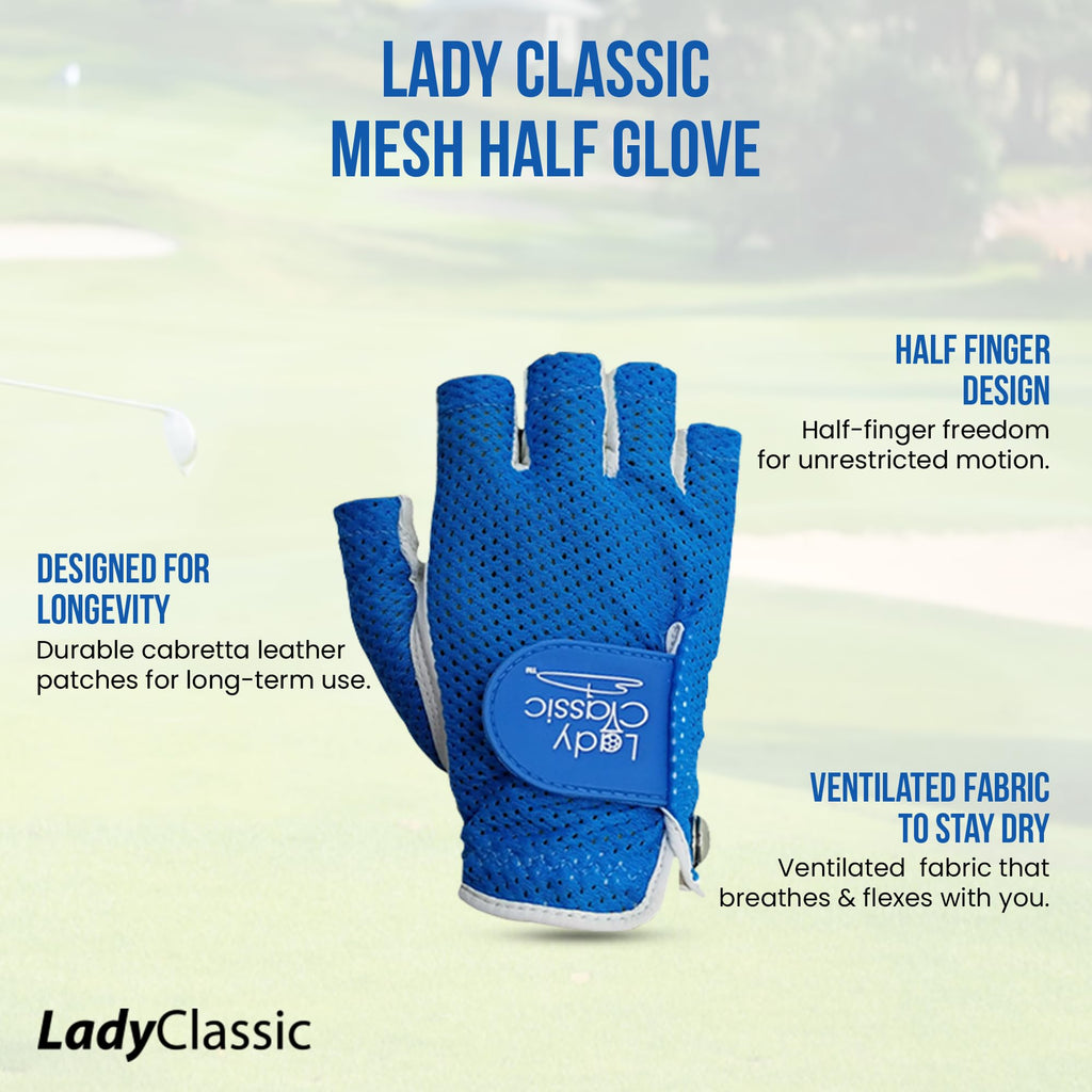 Mesh Half Golf Glove for Women – Premium Cabretta Leather Palm, Breathable Mesh Back, Half-Finger Design Ladies Golf Glove for Enhanced Grip & Comfort