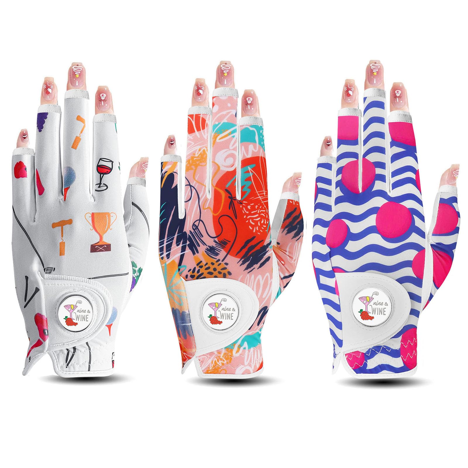 Golf Gloves Women Right Handed Golfer Left Hand with Ball Marker 3 Pack, Ladies Breathable Soft All Weather Grip Printed Pattern Colored Glove, Large, Blue Wave