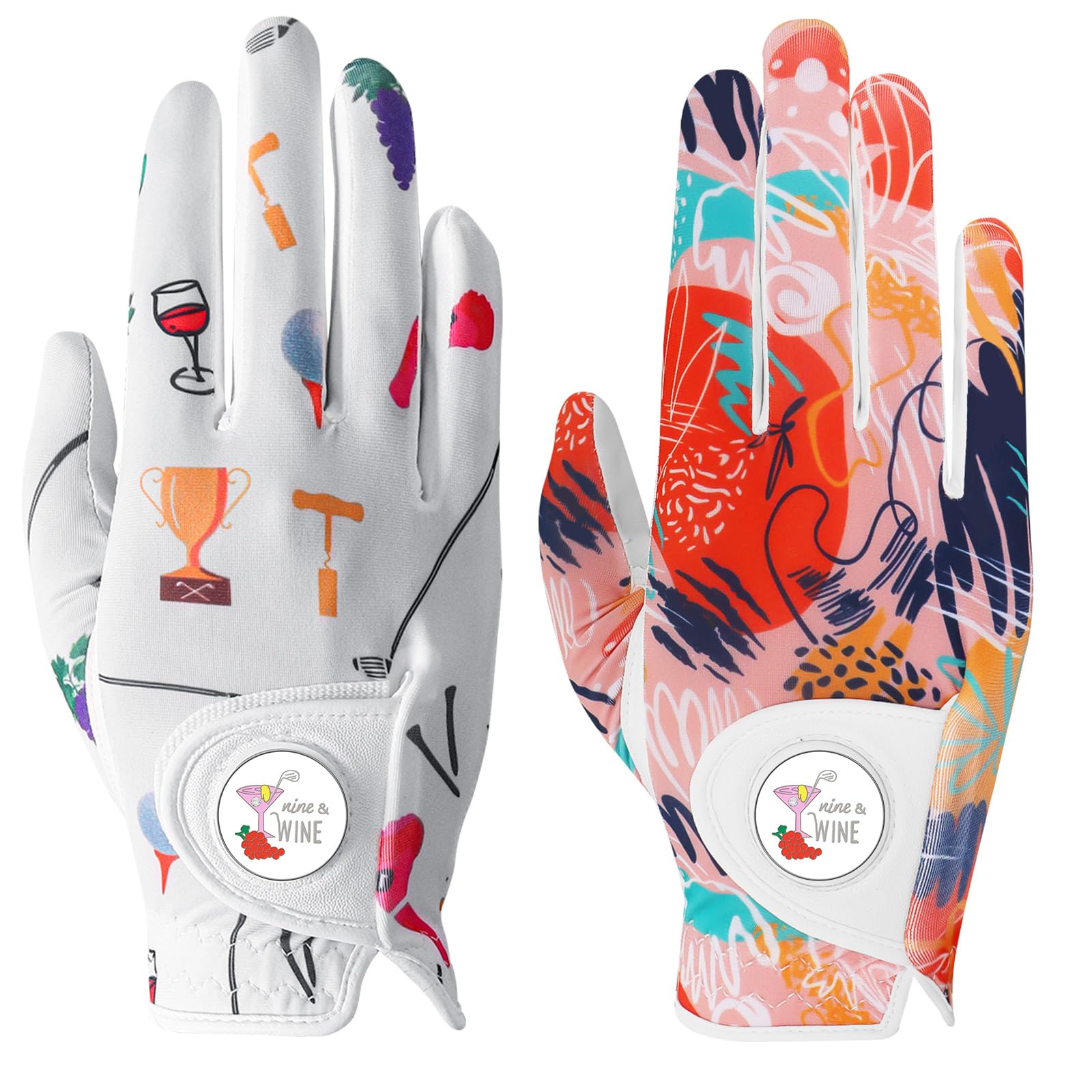 Golf Gloves Women Right Handed Golfer Left Hand with Ball Marker 3 Pack, Ladies Breathable Soft All Weather Grip Printed Pattern Colored Glove, Large, Blue Wave