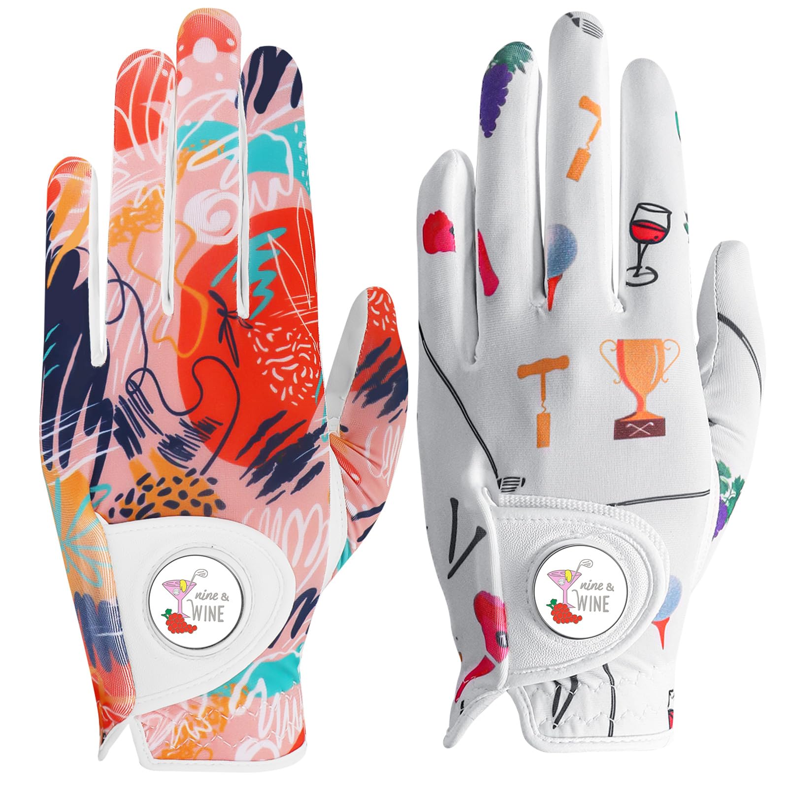 Golf Gloves Women Right Handed Golfer Left Hand with Ball Marker 3 Pack, Ladies Breathable Soft All Weather Grip Printed Pattern Colored Glove, Large, Blue Wave
