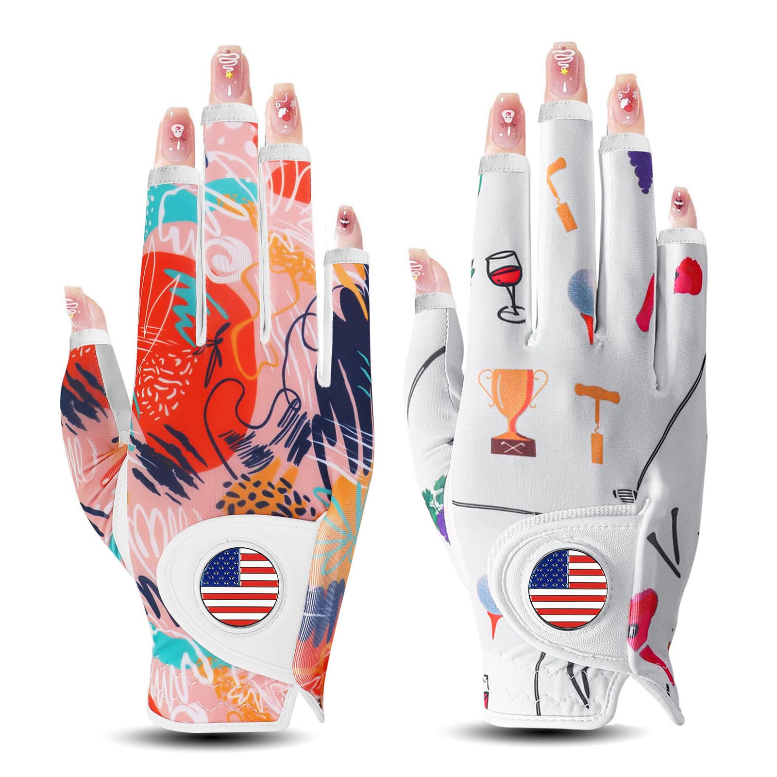 Golf Gloves Women Right Handed Golfer Left Hand with Ball Marker 3 Pack, Ladies Breathable Soft All Weather Grip Printed Pattern Colored Glove, Large, Blue Wave