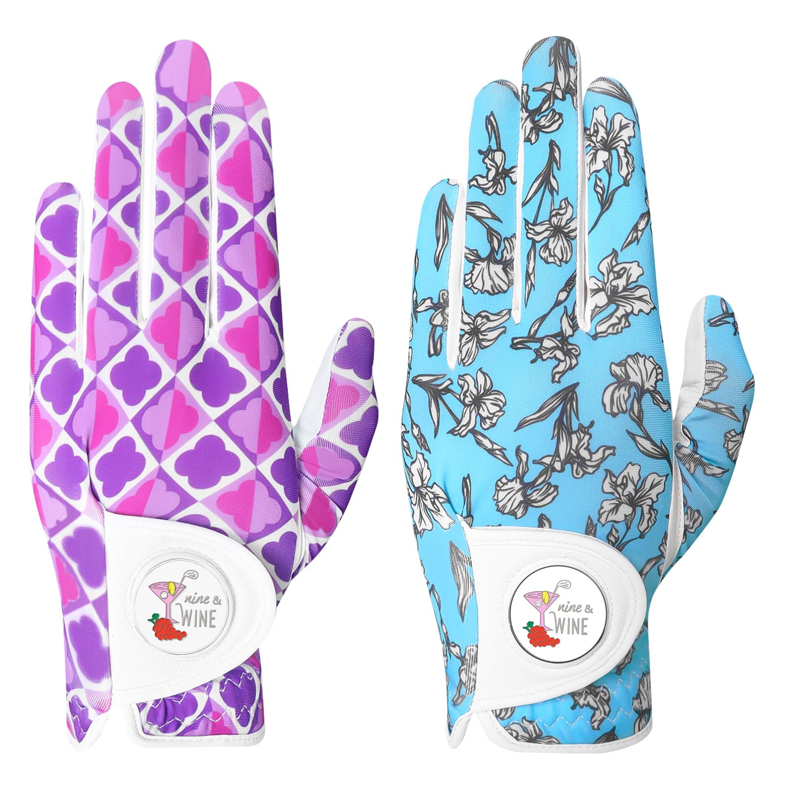 Golf Gloves Women Right Handed Golfer Left Hand with Ball Marker 3 Pack, Ladies Breathable Soft All Weather Grip Printed Pattern Colored Glove, Large, Blue Wave