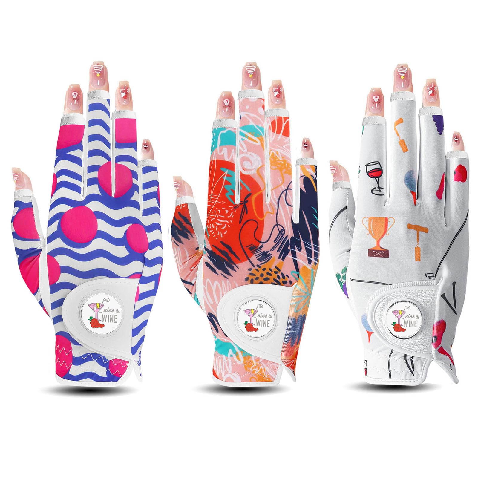Golf Gloves Women Right Handed Golfer Left Hand with Ball Marker 3 Pack, Ladies Breathable Soft All Weather Grip Printed Pattern Colored Glove, Large, Blue Wave