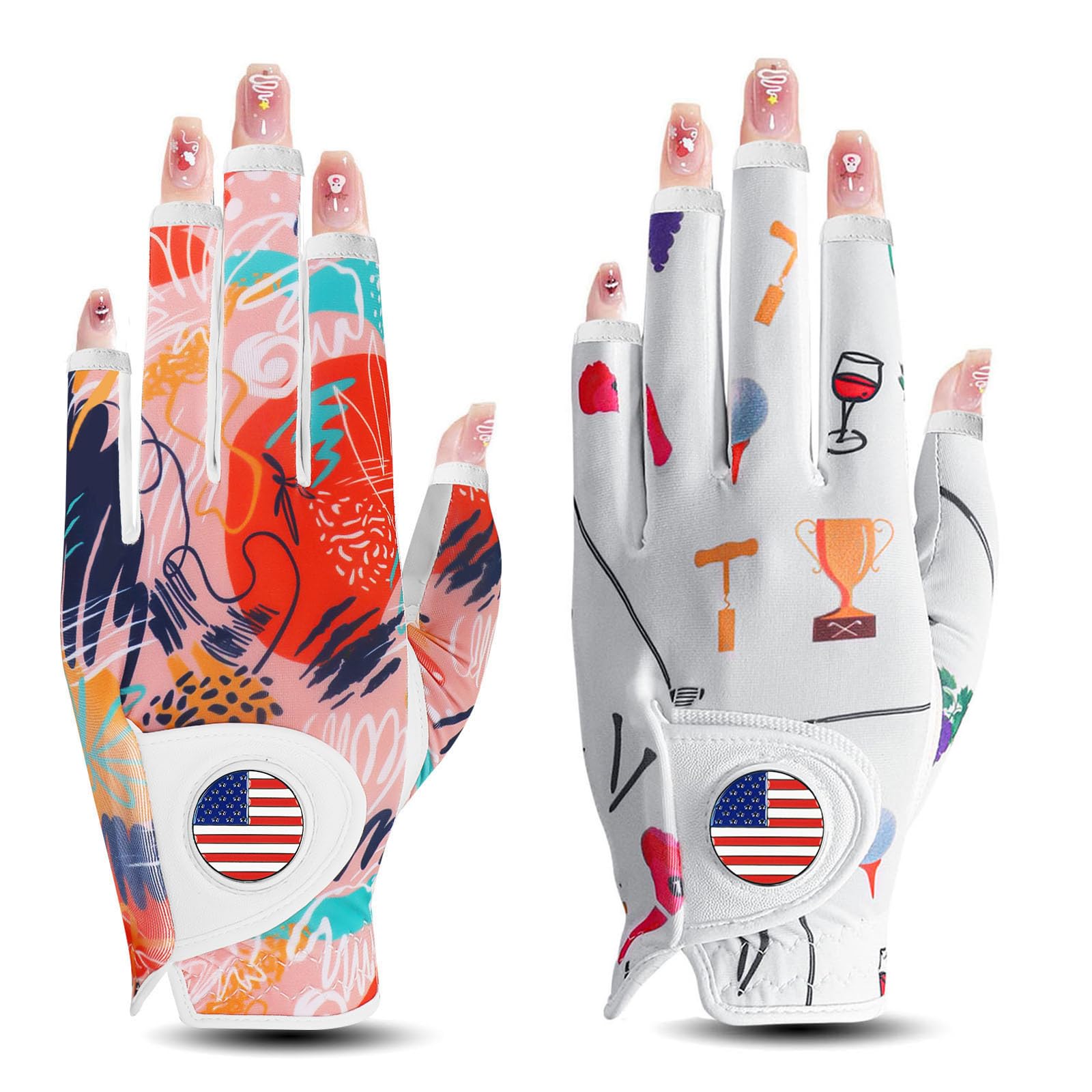 Golf Gloves Women Right Handed Golfer Left Hand with Ball Marker 3 Pack, Ladies Breathable Soft All Weather Grip Printed Pattern Colored Glove, Large, Blue Wave