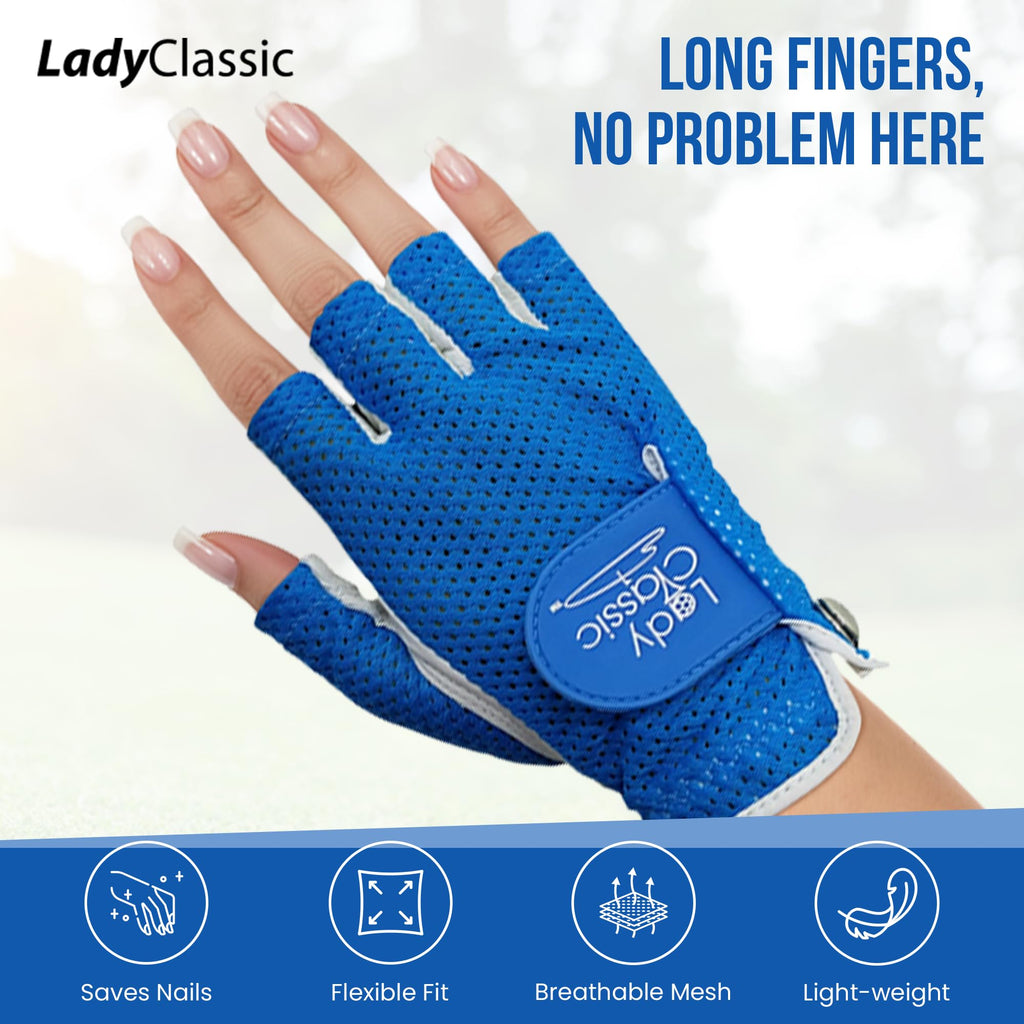 Mesh Half Golf Glove for Women – Premium Cabretta Leather Palm, Breathable Mesh Back, Half-Finger Design Ladies Golf Glove for Enhanced Grip & Comfort