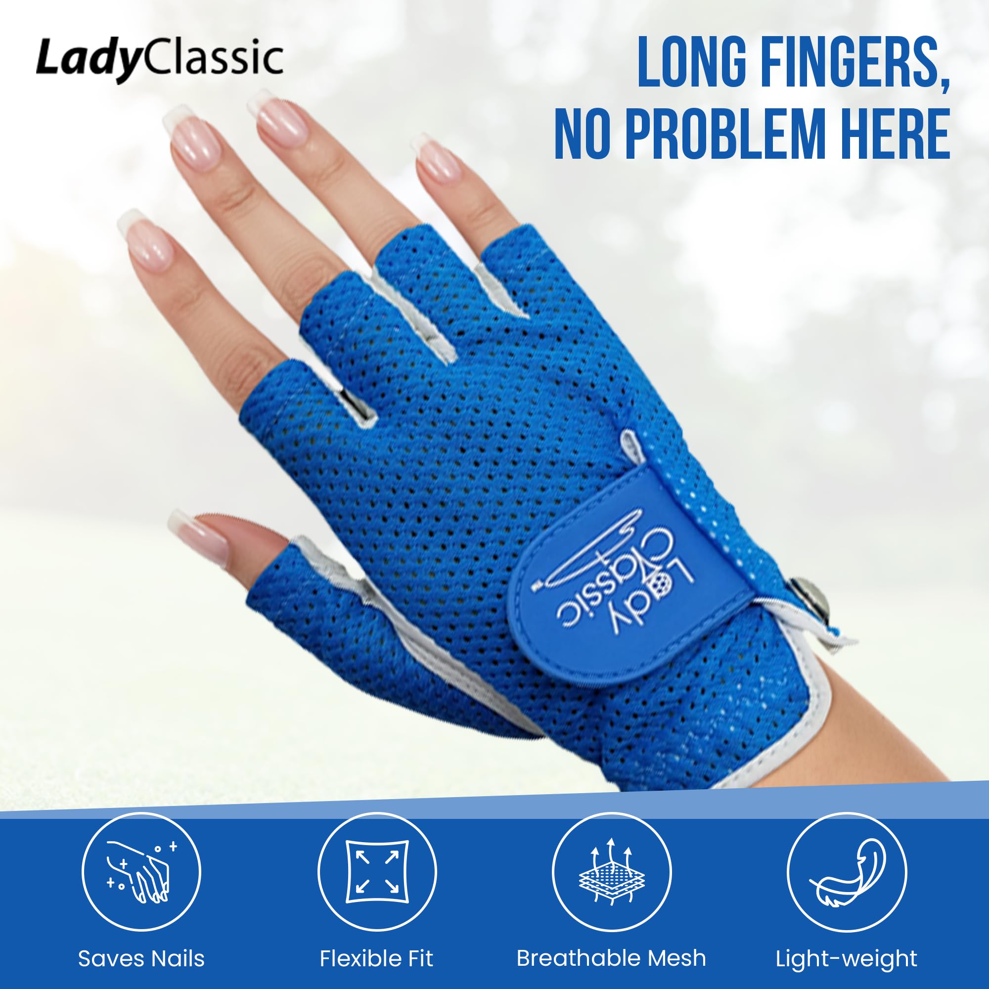Mesh Half Golf Glove for Women – Premium Cabretta Leather Palm, Breathable Mesh Back, Half-Finger Design Ladies Golf Glove for Enhanced Grip & Comfort