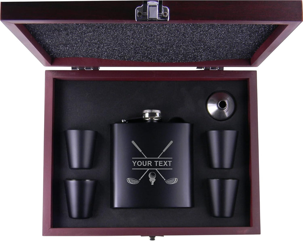 Personalized Golf Club Flask, Funnel, (4) Shot Glasses, and MDF Presentation Gift Box with Rosewood Finish - Custom Golfing Birdie Juice Hip Stainless Steel Metal Matte 6-Ounce Golf Bag Engraved Flask