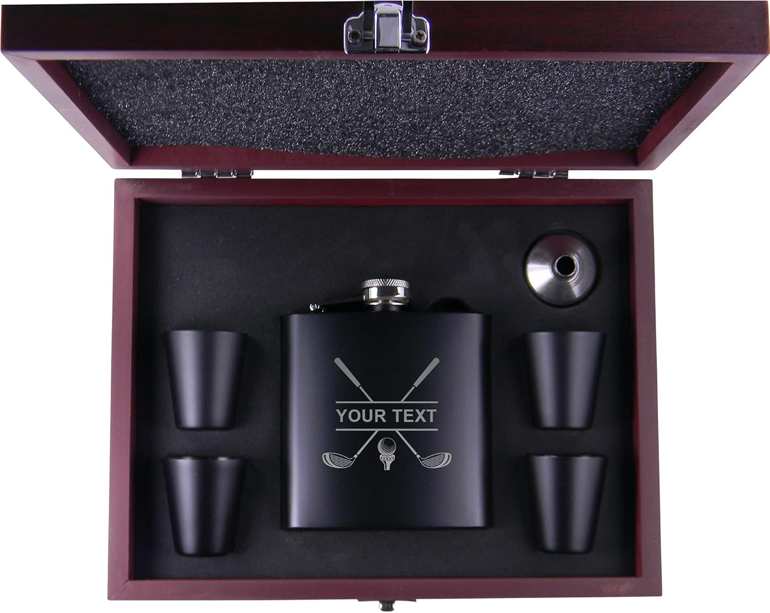 Personalized Golf Club Flask, Funnel, (4) Shot Glasses, and MDF Presentation Gift Box with Rosewood Finish - Custom Golfing Birdie Juice Hip Stainless Steel Metal Matte 6-Ounce Golf Bag Engraved Flask
