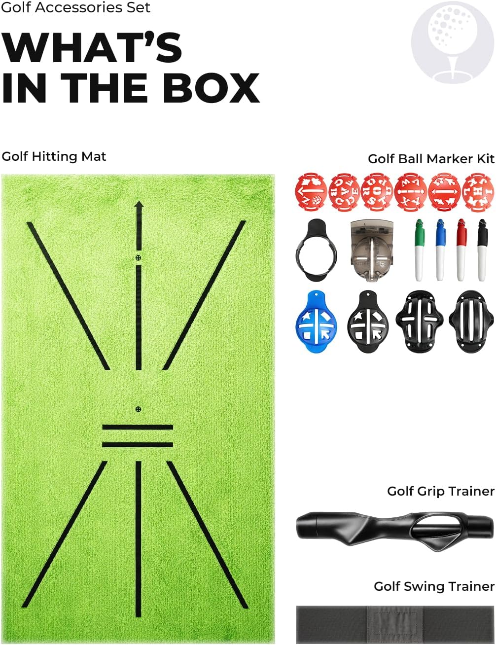 Complete Golf Accessories Set - Golf Grip Trainer, Golf Swing Trainer Arm Band, Golf Hitting Mat and Golf Ball Marker Kit, Golf Training Aid for Improving Swing Technique for Home & Outdoor Practice