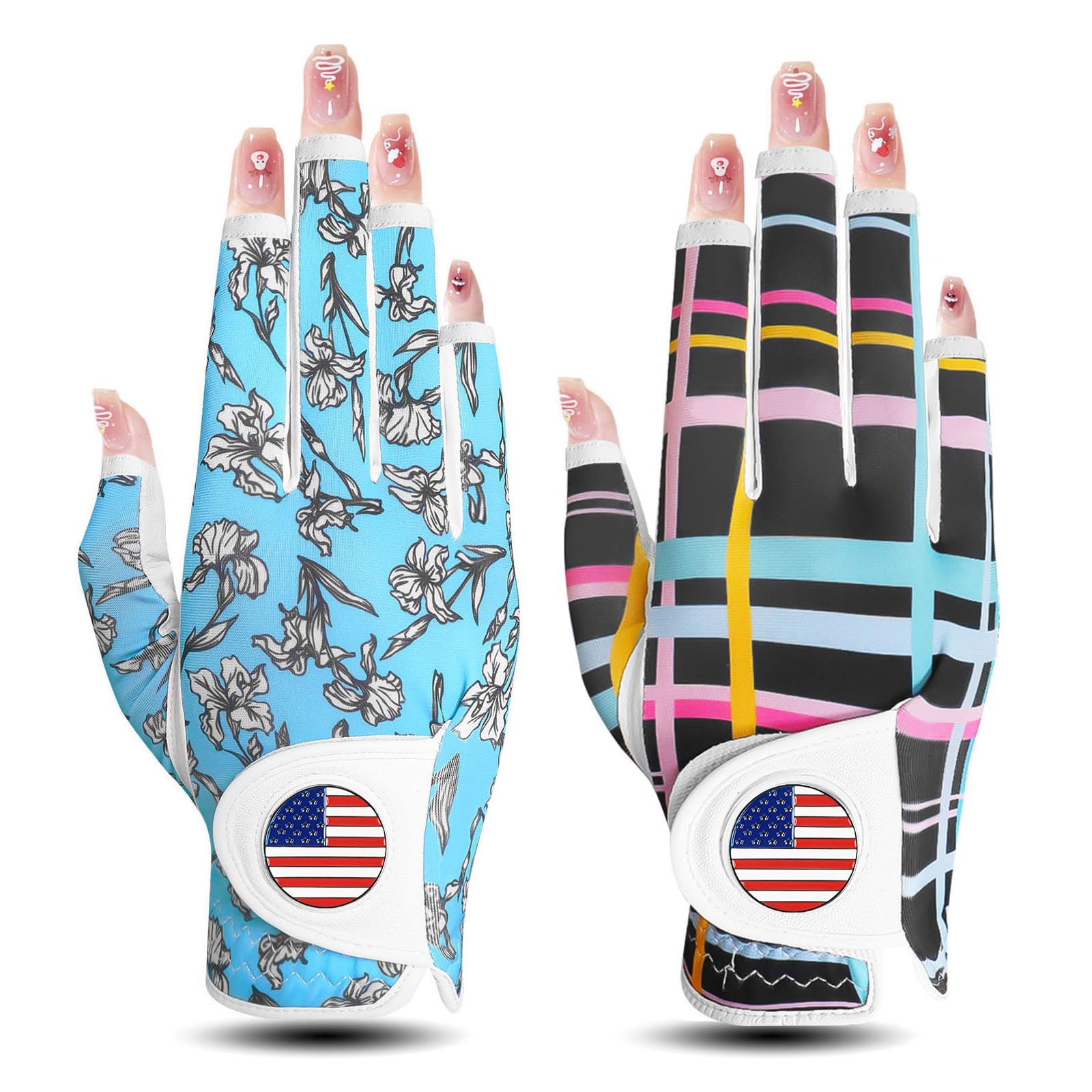 Golf Gloves Women Right Handed Golfer Left Hand with Ball Marker 3 Pack, Ladies Breathable Soft All Weather Grip Printed Pattern Colored Glove, Large, Blue Wave