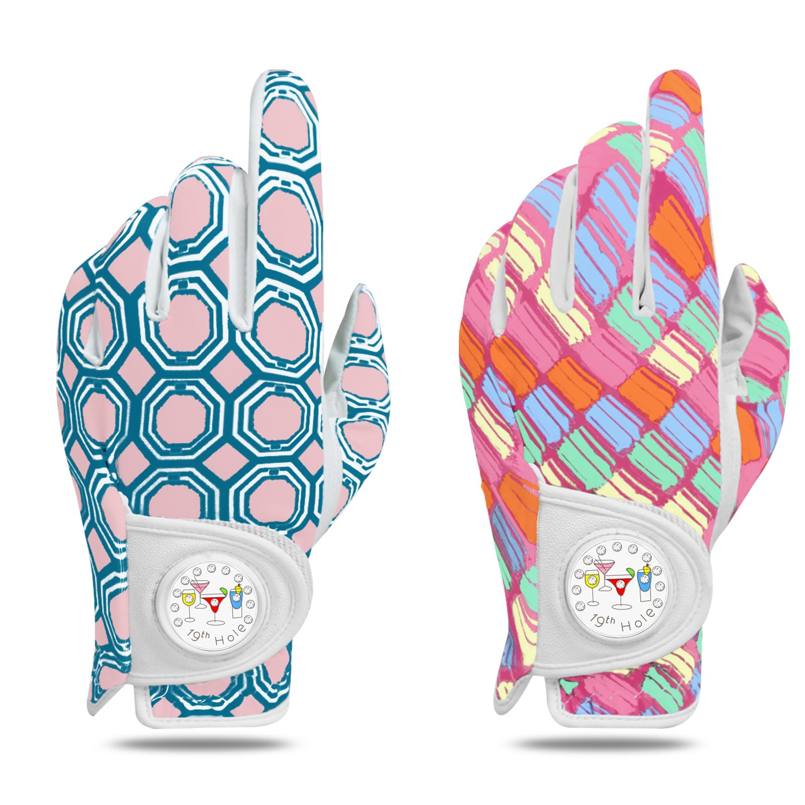 Golf Gloves Women Right Handed Golfer Left Hand with Ball Marker 3 Pack, Ladies Breathable Soft All Weather Grip Printed Pattern Colored Glove, Large, Blue Wave