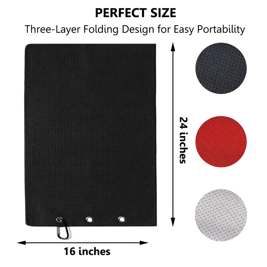 3 Pack Large Golf Towels, 16" x 24" Tri-Fold Portable Microfiber Fabric Waffle Pattern Golf Towel for Golf Bag with Carabiner Clip to Quickly Remove Sand, Mud, Dirt and Sweat