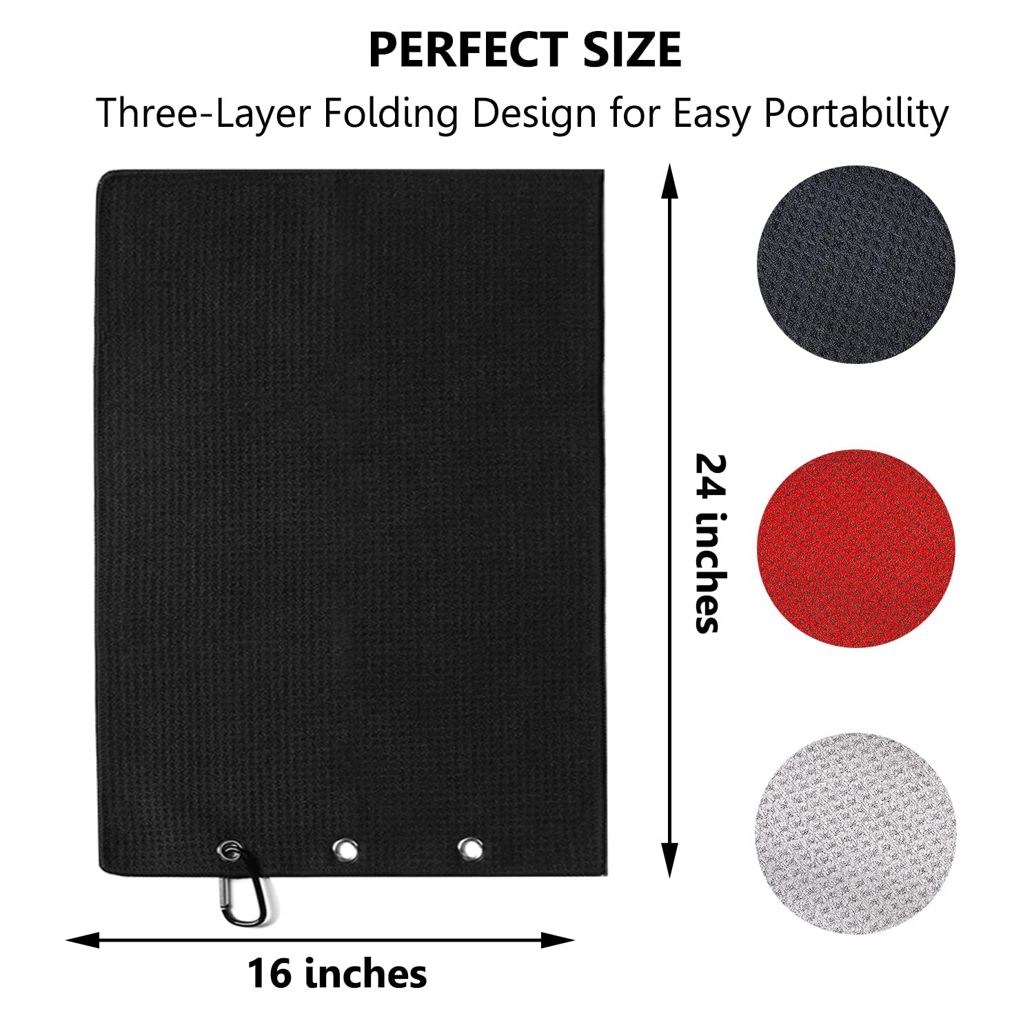 3 Pack Large Golf Towels, 16" x 24" Tri-Fold Portable Microfiber Fabric Waffle Pattern Golf Towel for Golf Bag with Carabiner Clip to Quickly Remove Sand, Mud, Dirt and Sweat