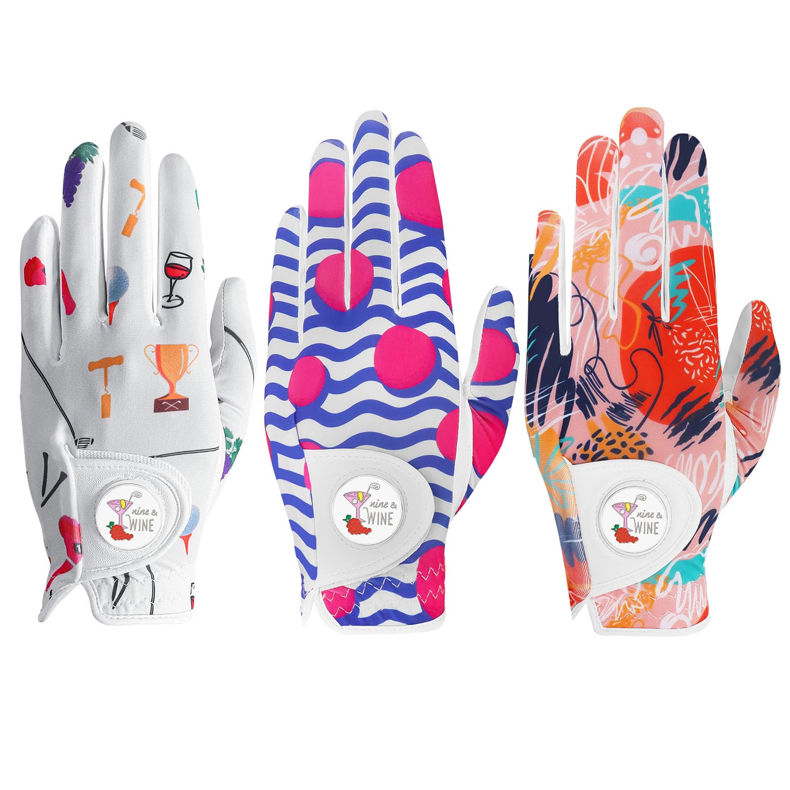 Golf Gloves Women Right Handed Golfer Left Hand with Ball Marker 3 Pack, Ladies Breathable Soft All Weather Grip Printed Pattern Colored Glove, Large, Blue Wave