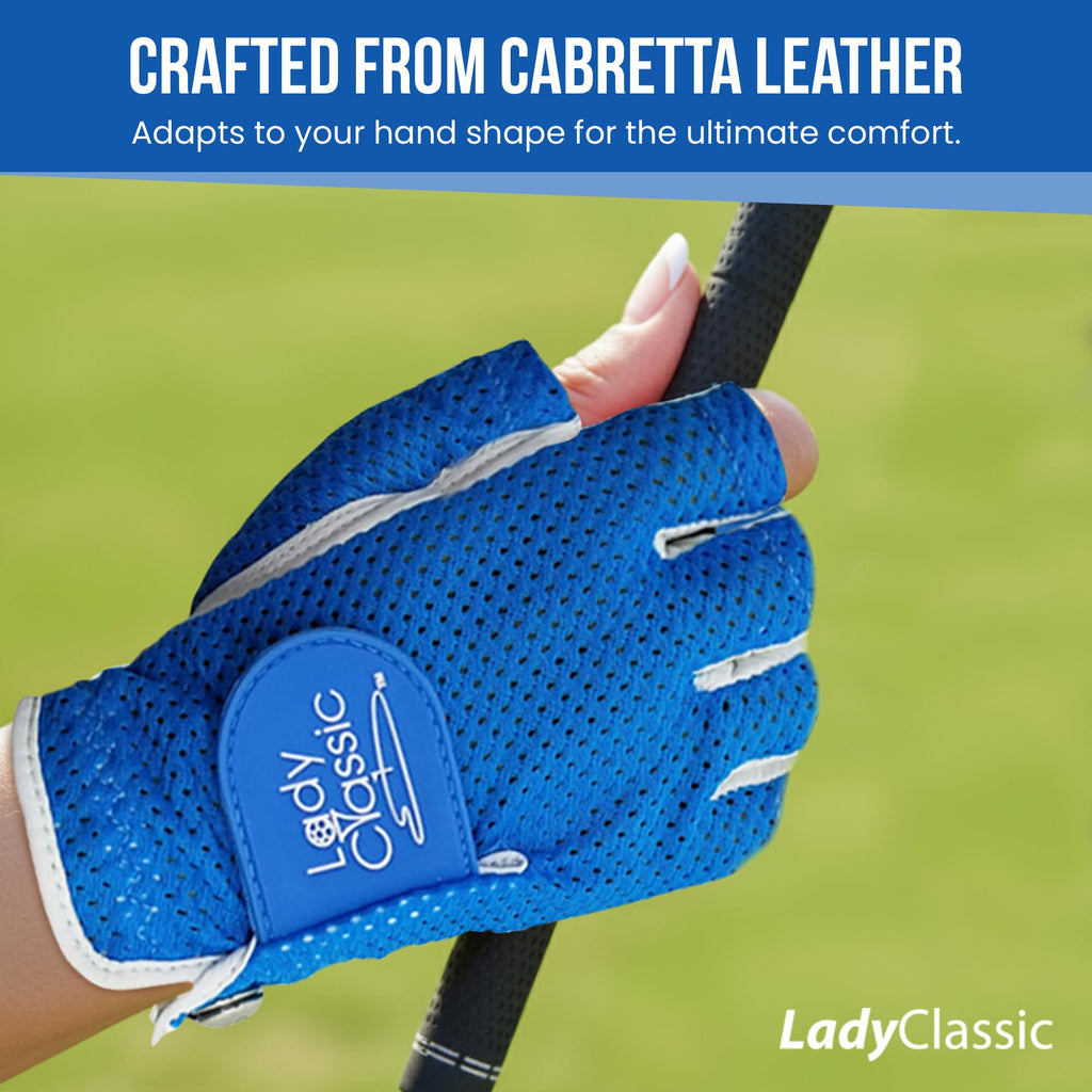Mesh Half Golf Glove for Women – Premium Cabretta Leather Palm, Breathable Mesh Back, Half-Finger Design Ladies Golf Glove for Enhanced Grip & Comfort