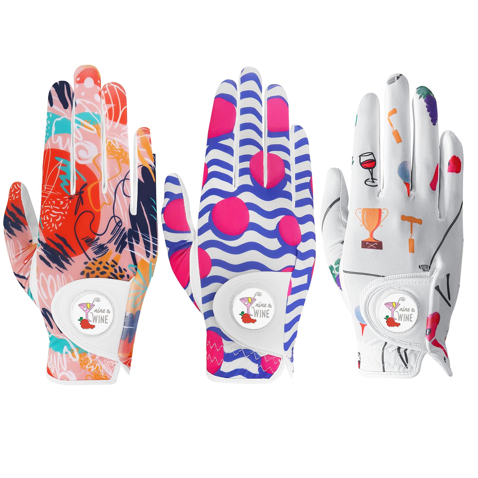 Golf Gloves Women Right Handed Golfer Left Hand with Ball Marker 3 Pack, Ladies Breathable Soft All Weather Grip Printed Pattern Colored Glove, Large, Blue Wave