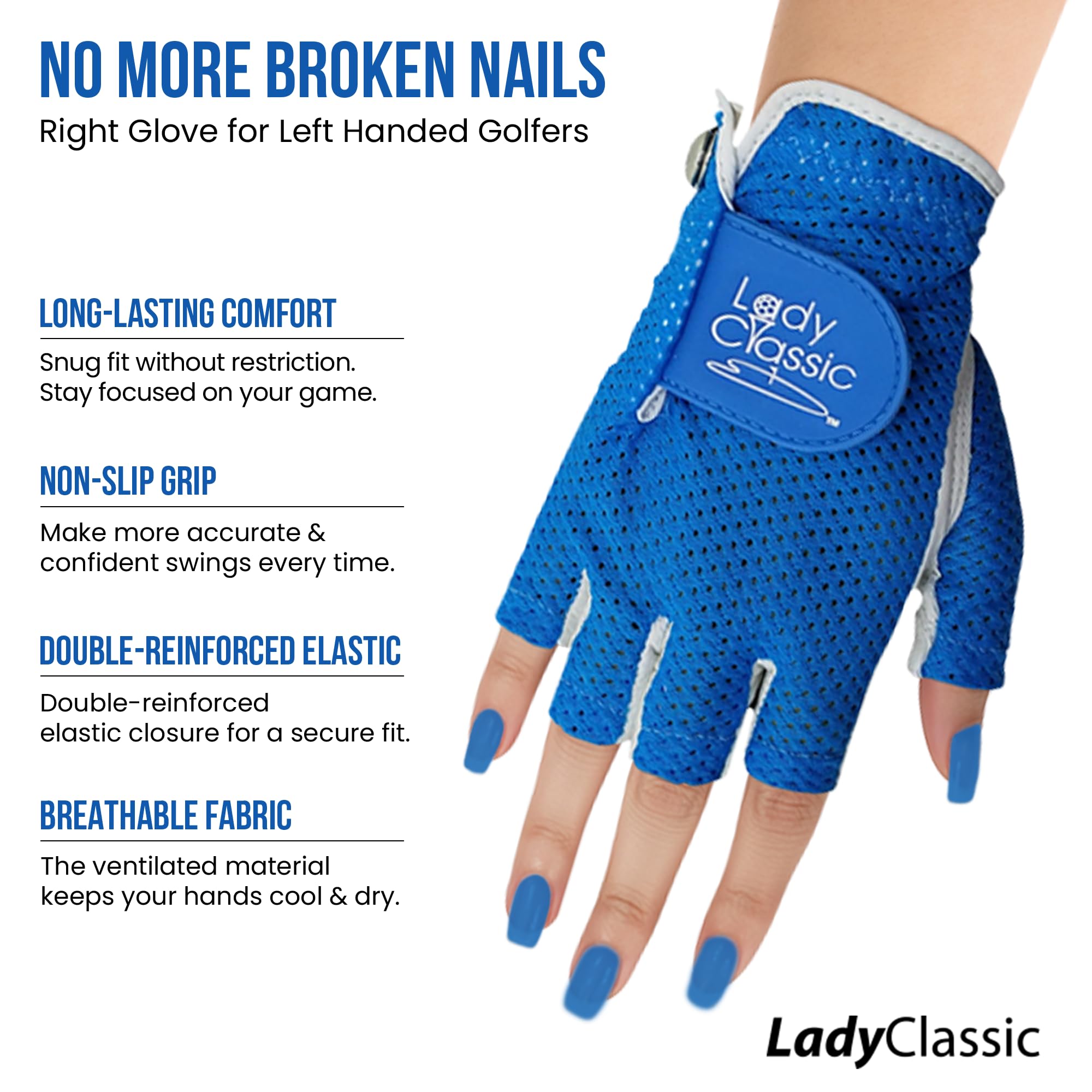 Mesh Half Golf Glove for Women – Premium Cabretta Leather Palm, Breathable Mesh Back, Half-Finger Design Ladies Golf Glove for Enhanced Grip & Comfort