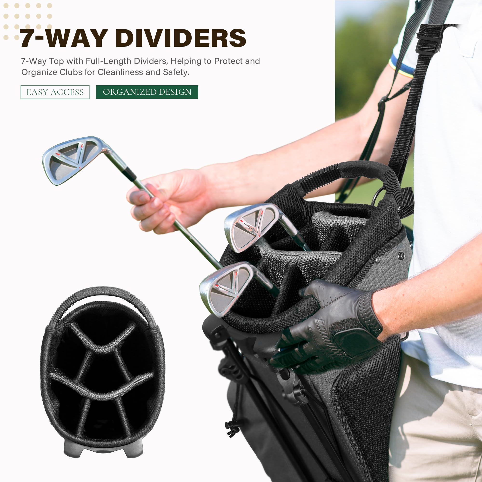 Golf Stand Bag with 7 Way Top Dividers, Lightweight Golf Bags for Men Women with Multiple Pockets, Dual Straps