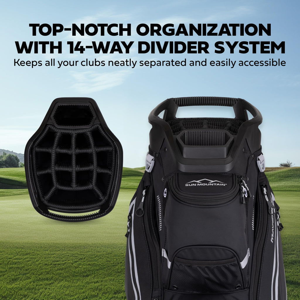 Sun Mountain 2025 Maverick 14 Way Divider Golf Bag with 9 Spacious Pockets - Lightweight Golf Bag for Men and Women with Ergonomic Shoulder Straps Ideal for Both Carts and Walking