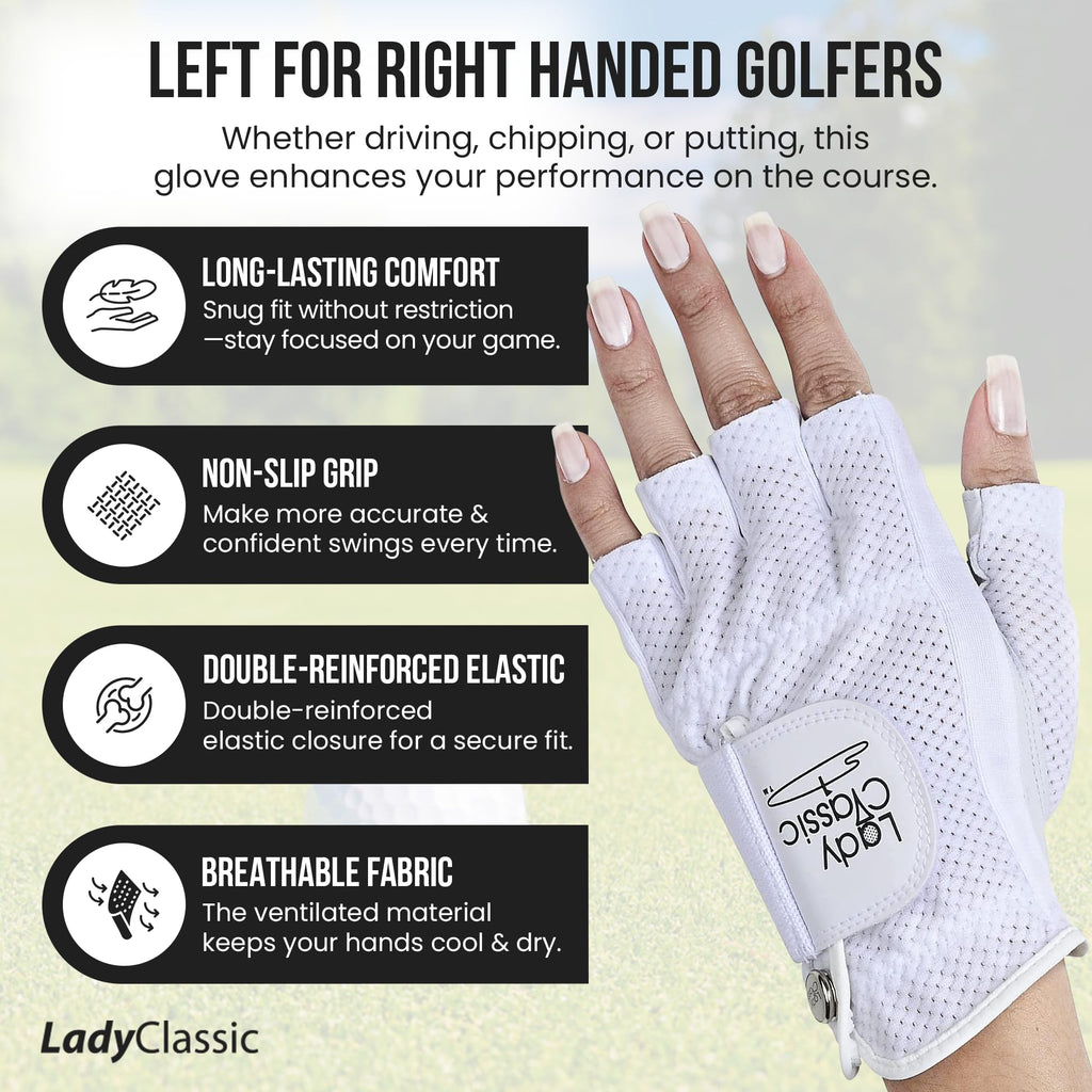 Mesh Half Golf Glove for Women – Premium Cabretta Leather Palm, Breathable Mesh Back, Half-Finger Design Ladies Golf Glove for Enhanced Grip & Comfort