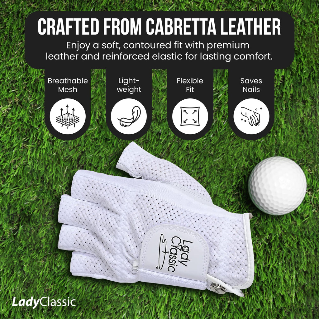 Mesh Half Golf Glove for Women – Premium Cabretta Leather Palm, Breathable Mesh Back, Half-Finger Design Ladies Golf Glove for Enhanced Grip & Comfort