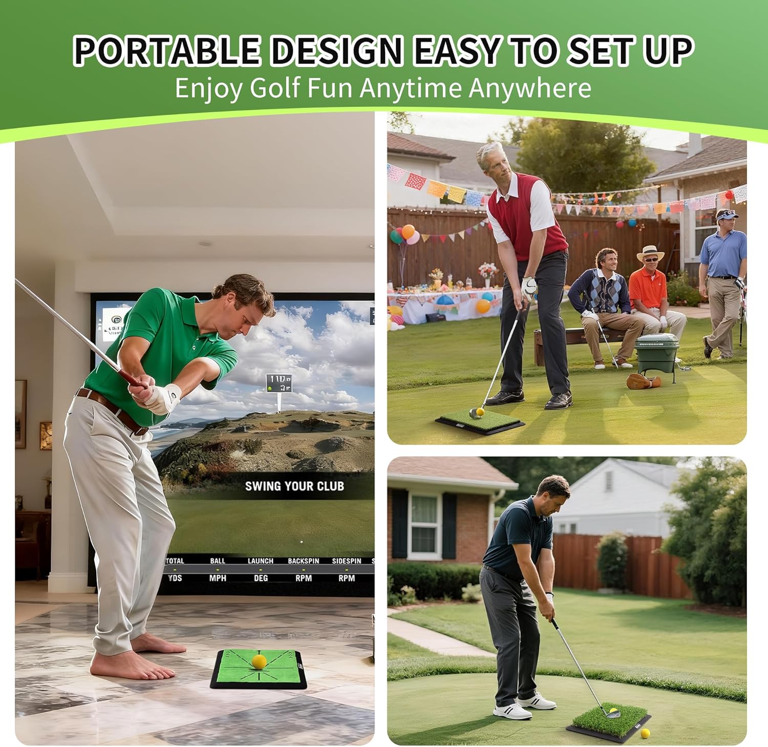 Golf Hitting Mat – Portable Golf Pratice Mat with Longer Swing Path Trajectory, 3-in-1 Includes Fairway, Rough & Putting Pad Training Mats on No-Slip Rubber Base,Simulator Must Haves, Gift for Golfers
