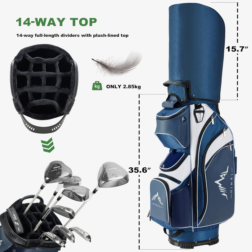 14-Way Golf Cart Bag with Full Length Divider, Premium PU Leather Golf Bag with Plush Top, Magnetic Pocket and Rain Cover for Men