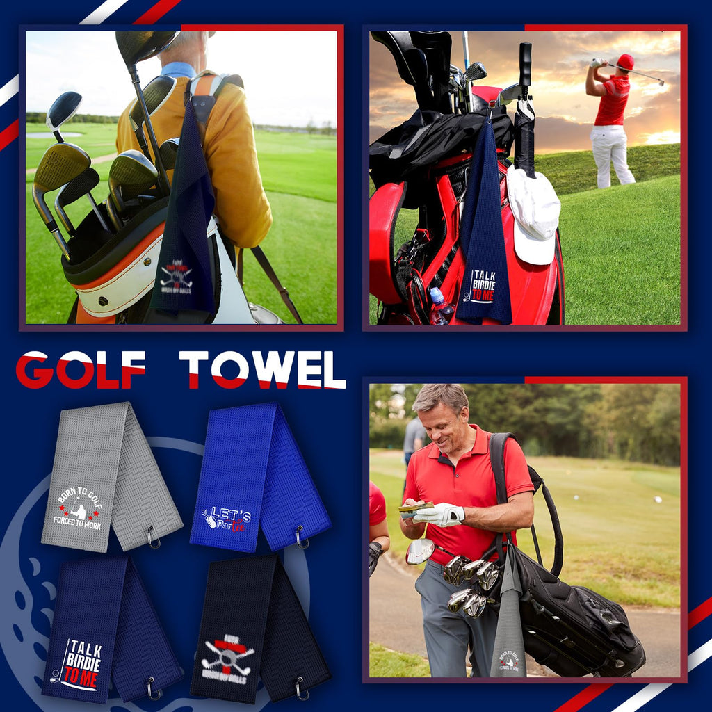 Hosuly 4 Pcs Funny Golf Towel Microfiber Embroidered Golf Ball Towels for Golfbags with Clip Golfclub Men Women Birthday Gifts for Golfball Fan Retirement Present 24 x 16 Inch