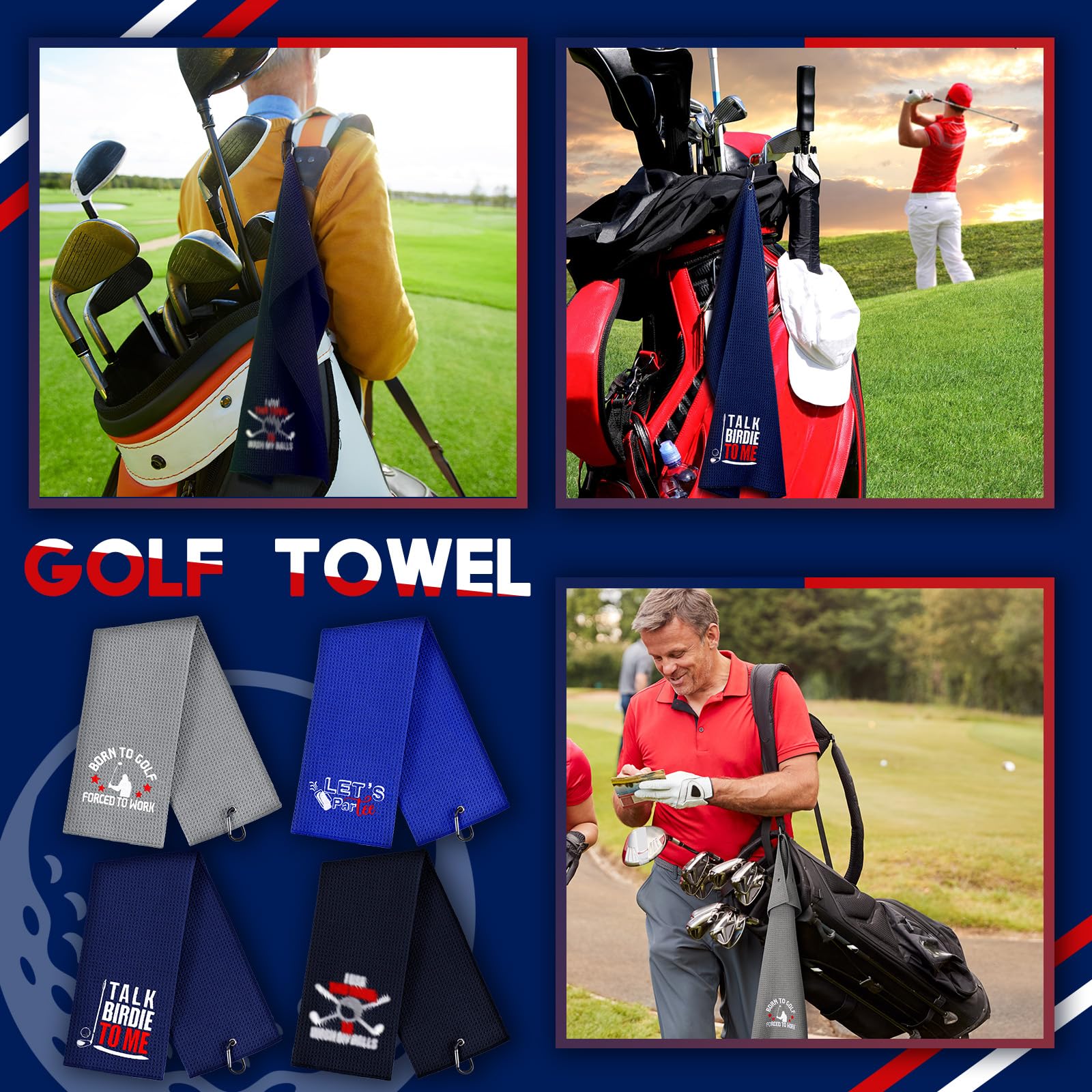 Hosuly 4 Pcs Funny Golf Towel Microfiber Embroidered Golf Ball Towels for Golfbags with Clip Golfclub Men Women Birthday Gifts for Golfball Fan Retirement Present 24 x 16 Inch